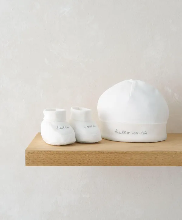 Hello World Hat & Booties - White