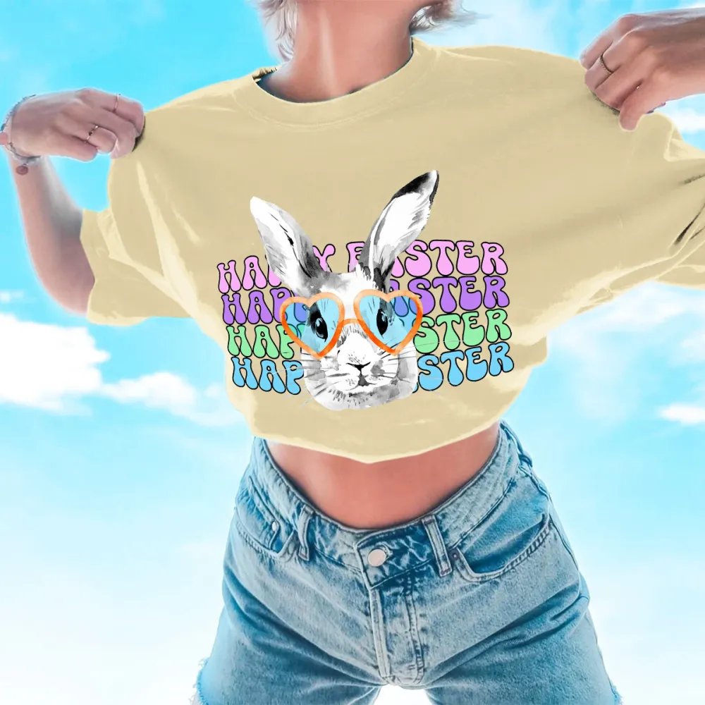 Happy Easter Printed Round Neck Short Sleeve T-Shirt