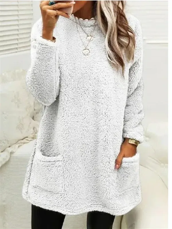 Women Plush Crew Neck Casual Thermal Pockets Midi Dress