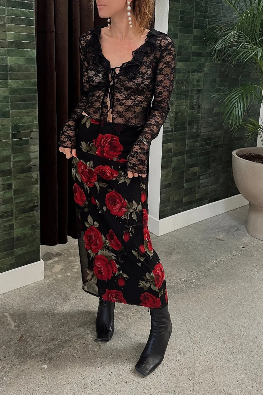 Red Rose Mesh Maxi Skirt