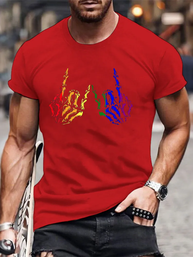 Men'S T-Shirt Skeleton Rock Hand LGBT Q Gay Pride Rainbow Flag Ally T Shirt
