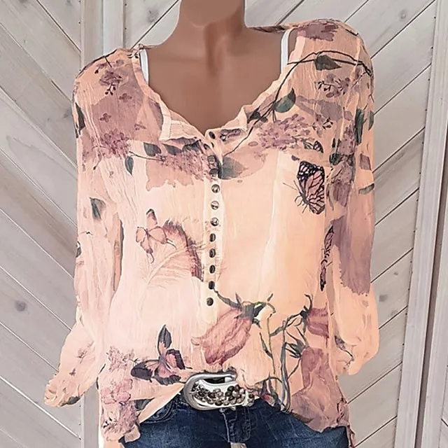 Women's Shirt Blouse Floral White Purple Orange Button Print Long Sleeve Daily Going out Weekend Streetwear Holiday Casual Shirt Collar Regular Fit Summer Spring Fall