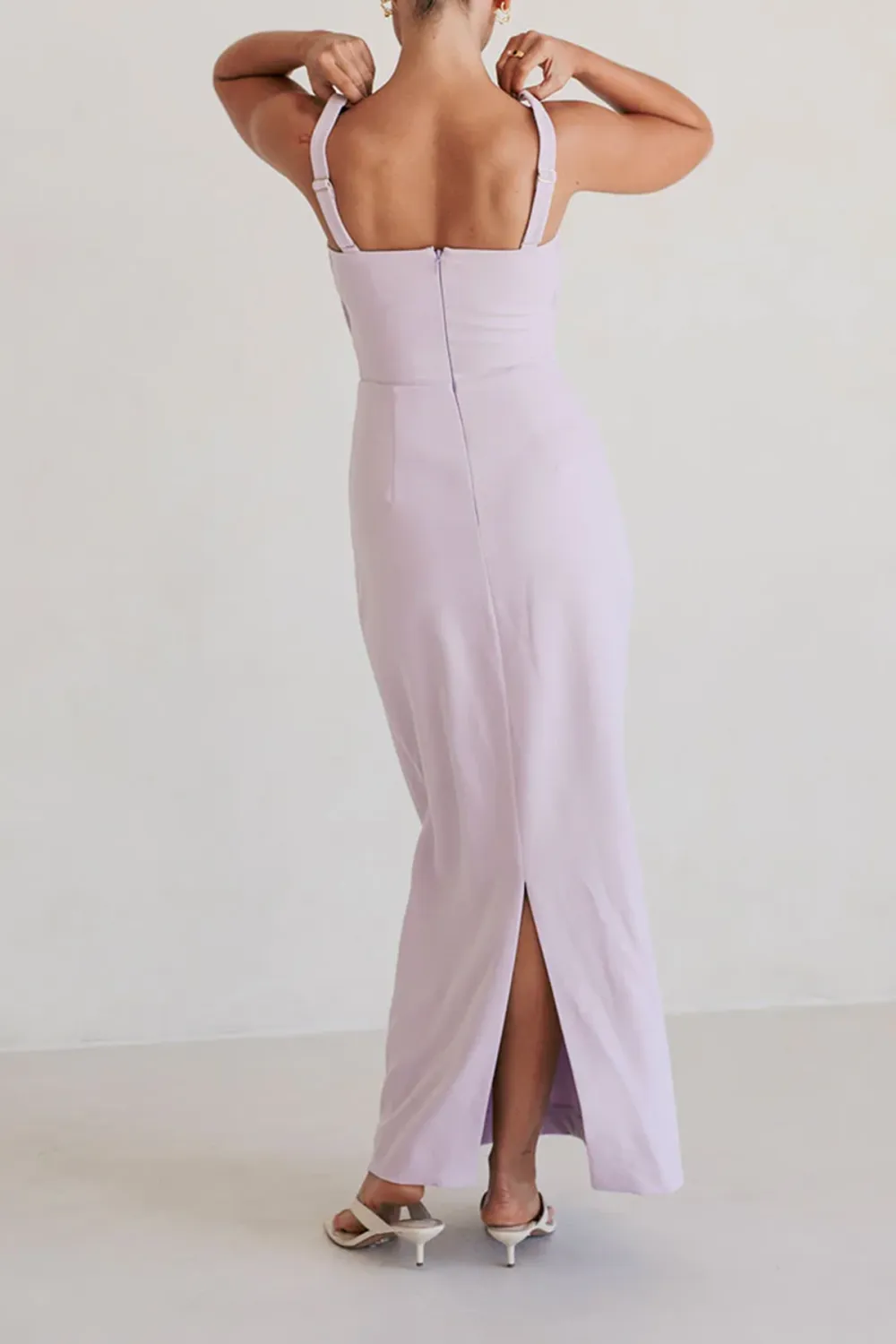 Square Neck Mesh Panel Midi Dress