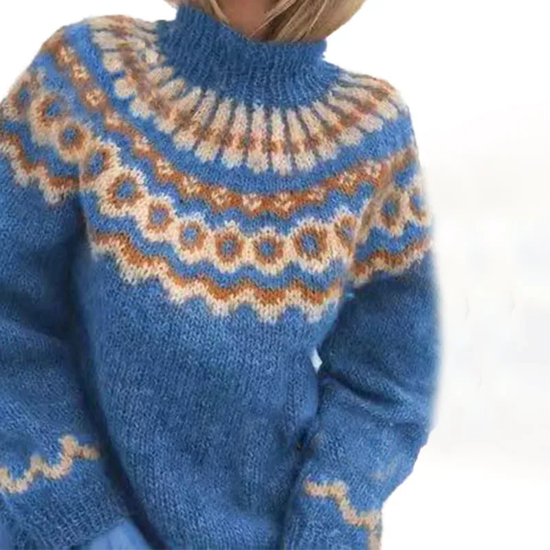 Vintage Turtleneck Pullover Chunky Jacquard Sweater