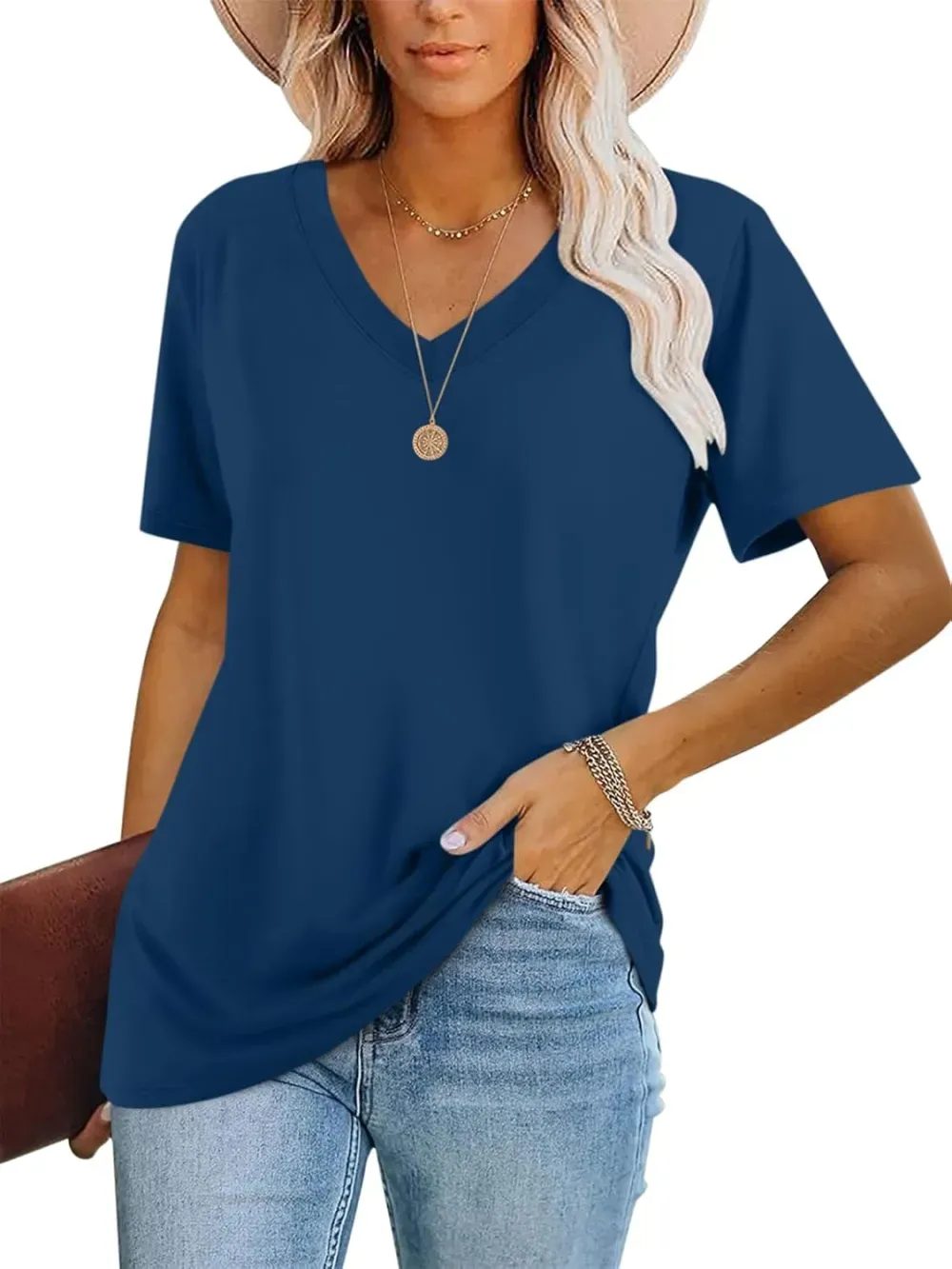 ORANDESIGNE Women's Color Block Short Sleeve T Shirts Casual V Neck Summer Tops Tees Loose Fit Blouses