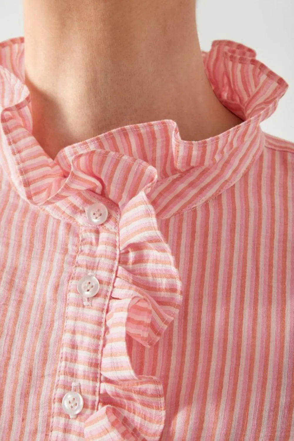 Pink Striped Ruffle Trim Button Down Shirt