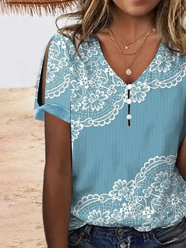 Women's T shirt Tee White Blue Light Blue Floral Button Cut Out Short Sleeve Holiday Weekend Basic Round Neck Regular Floral Painting S