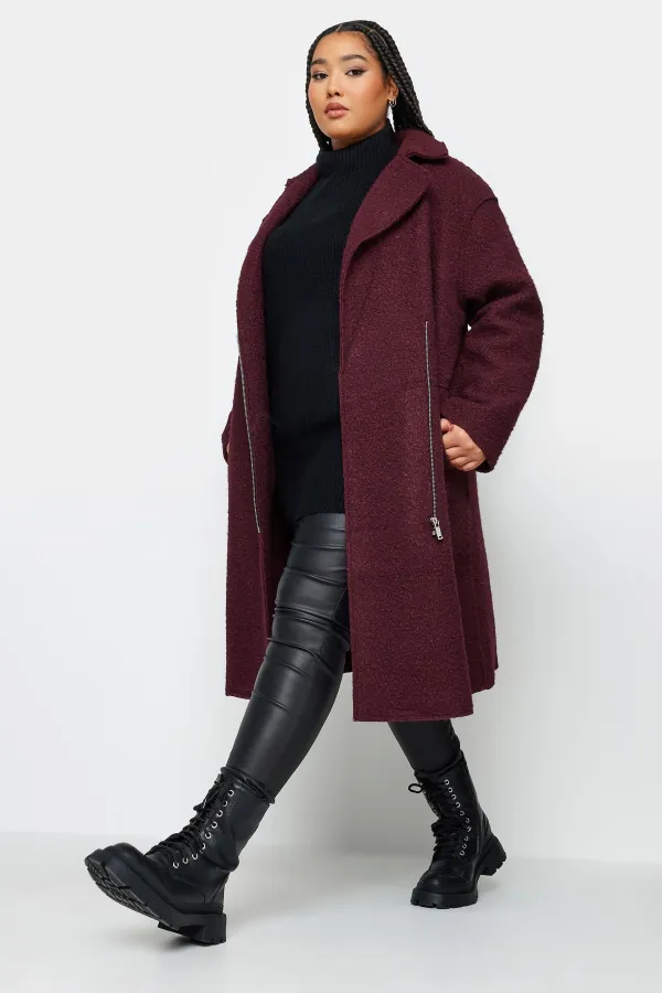 YOURS Curve Burgundy Red Boucle Biker Coat