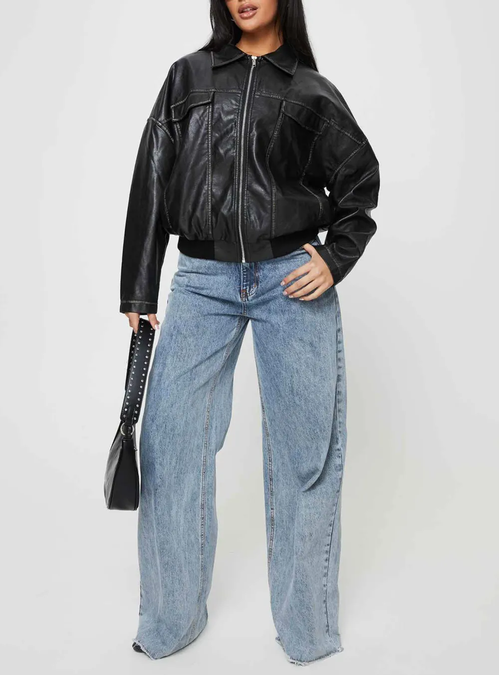 Brown Faux Leather Bomber Jacket