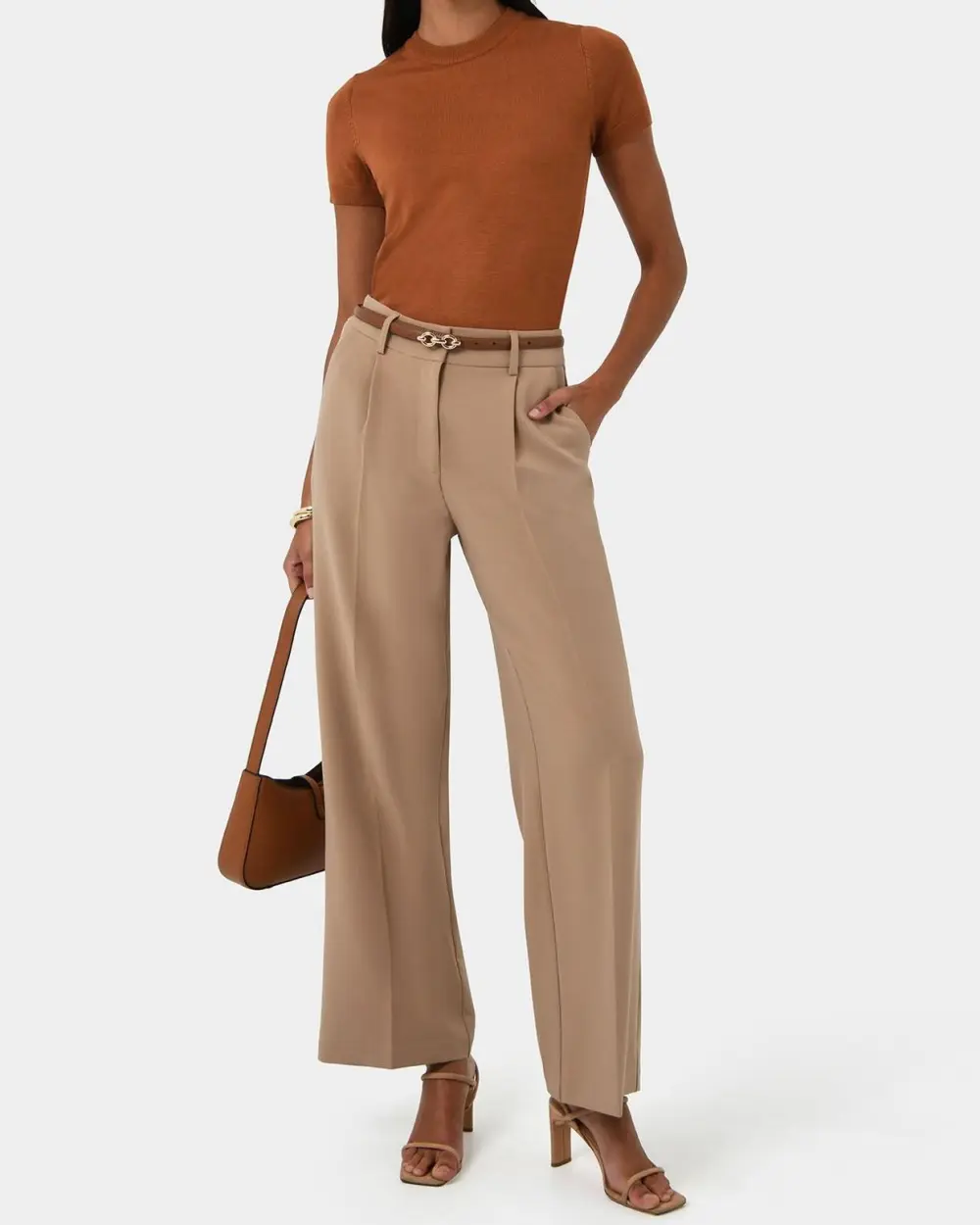 Straight Wide Leg Silhouette Pants -Warm Taupe