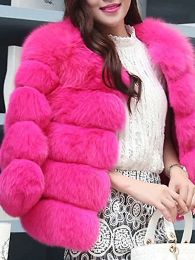 Women's Faux Fur Coat Active Elegant Comfortable Street Style Faux Fur Trim Outdoor Daily Wear Vacation Going out Faux Fur Short Coat Winter Fall Purple Pink Fuchsia Open Front Collarless Regular Fit