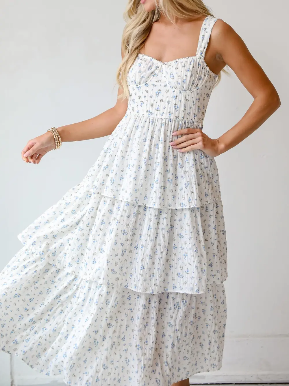 Caught Your Interest Ivory Floral Tiered Midi Dress