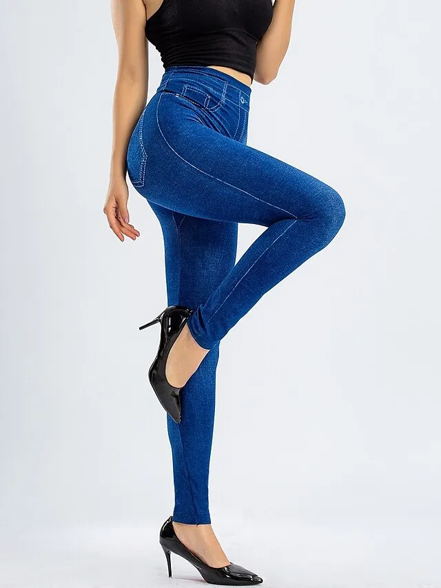Women's Leggings Faux Denim Ankle-Length Stretchy High Waist Fashion Casual Weekend Black Blue S M