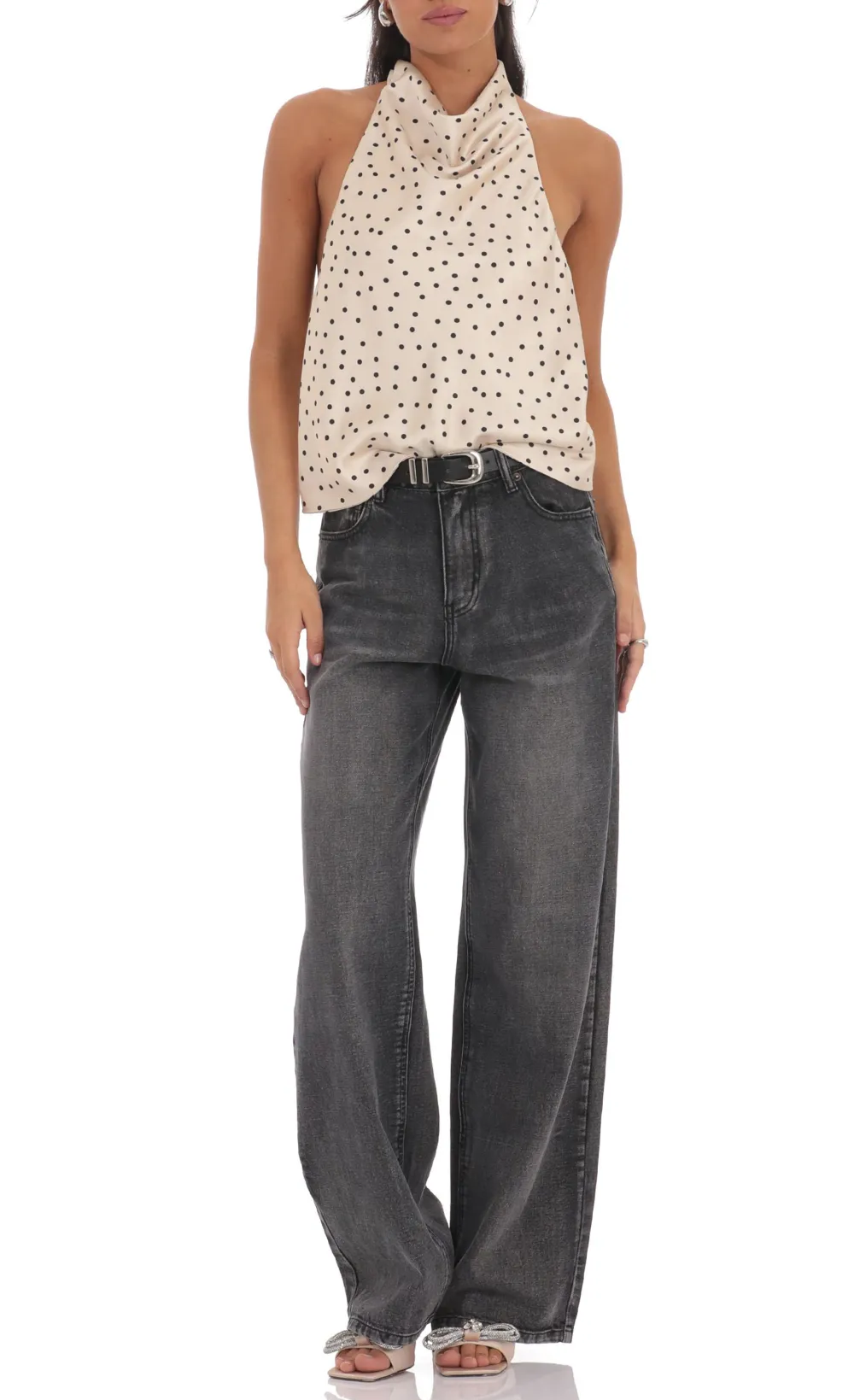 Mock Neck Polka Dot Top in Beige