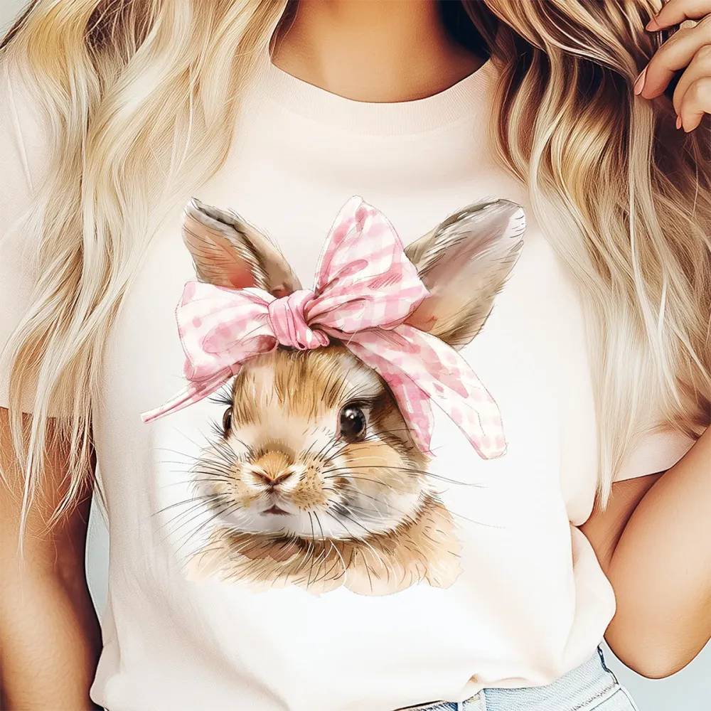 Easter Bunny With A Bow Printed Round Neck Short Sleeve T-Shirt