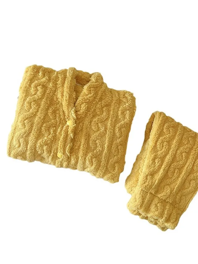 Women's Fleece Fluffy Fuzzy Warm Pajamas Sets Animal Warm Casual Comfort Home Bed Flannel Warm Breathable V Wire Long Sleeve Shirt Pant Button Pocket Fall Winter White Yellow