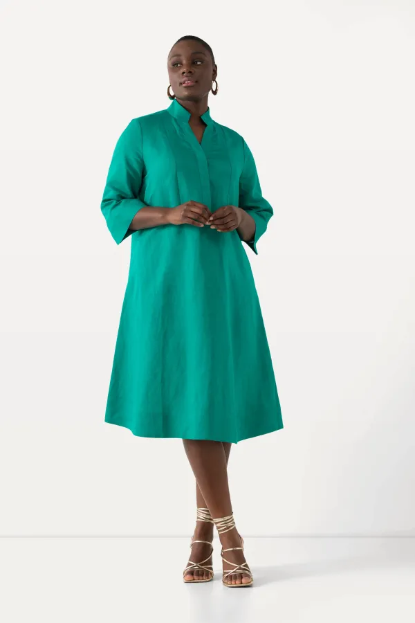 Midikleid, Leinenmix, A-Linie, V-Ausschnitt, 3/4-Arm