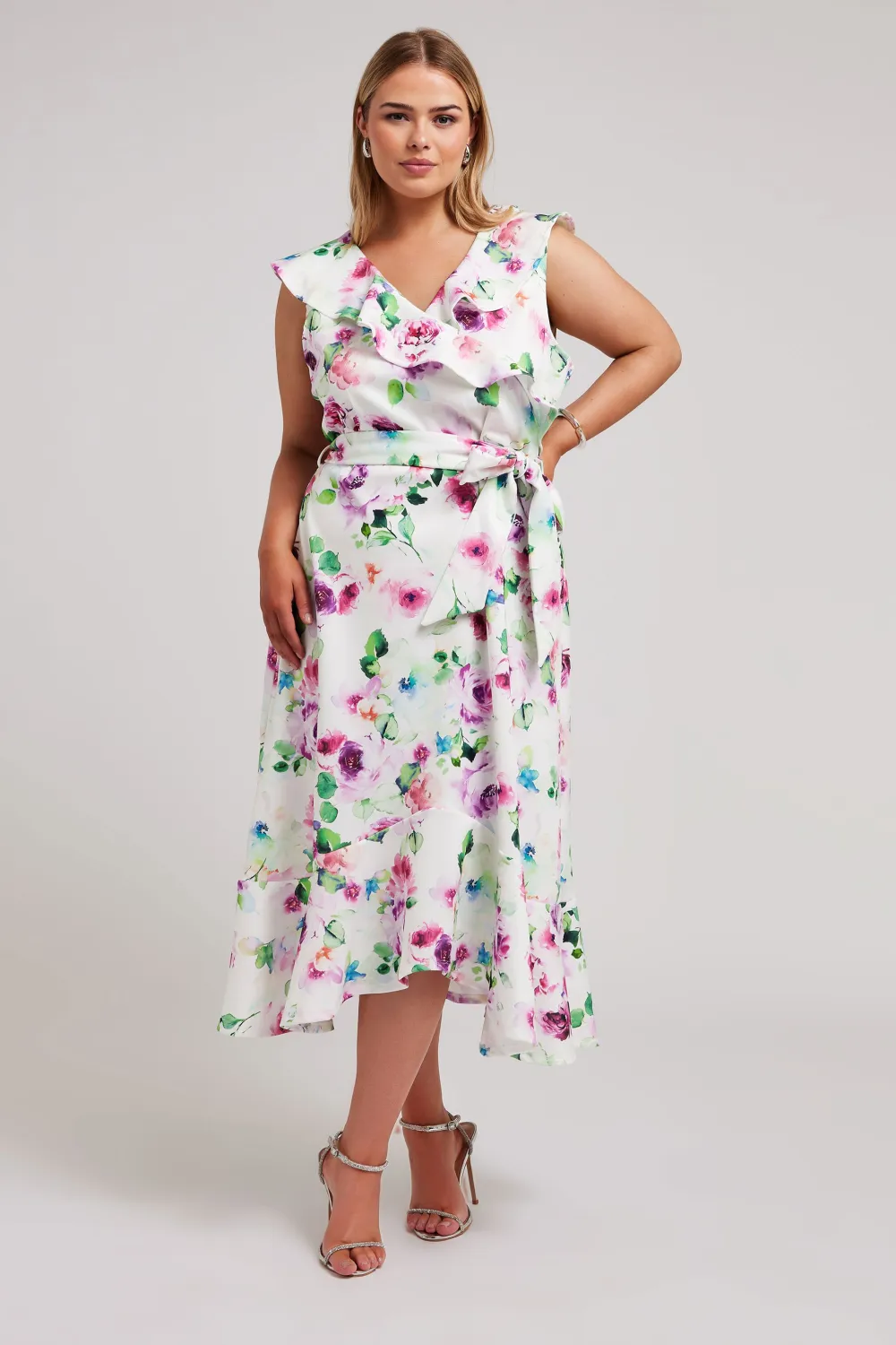 YOURS LONDON Curve White Floral Print Ruffle Wrap Dress