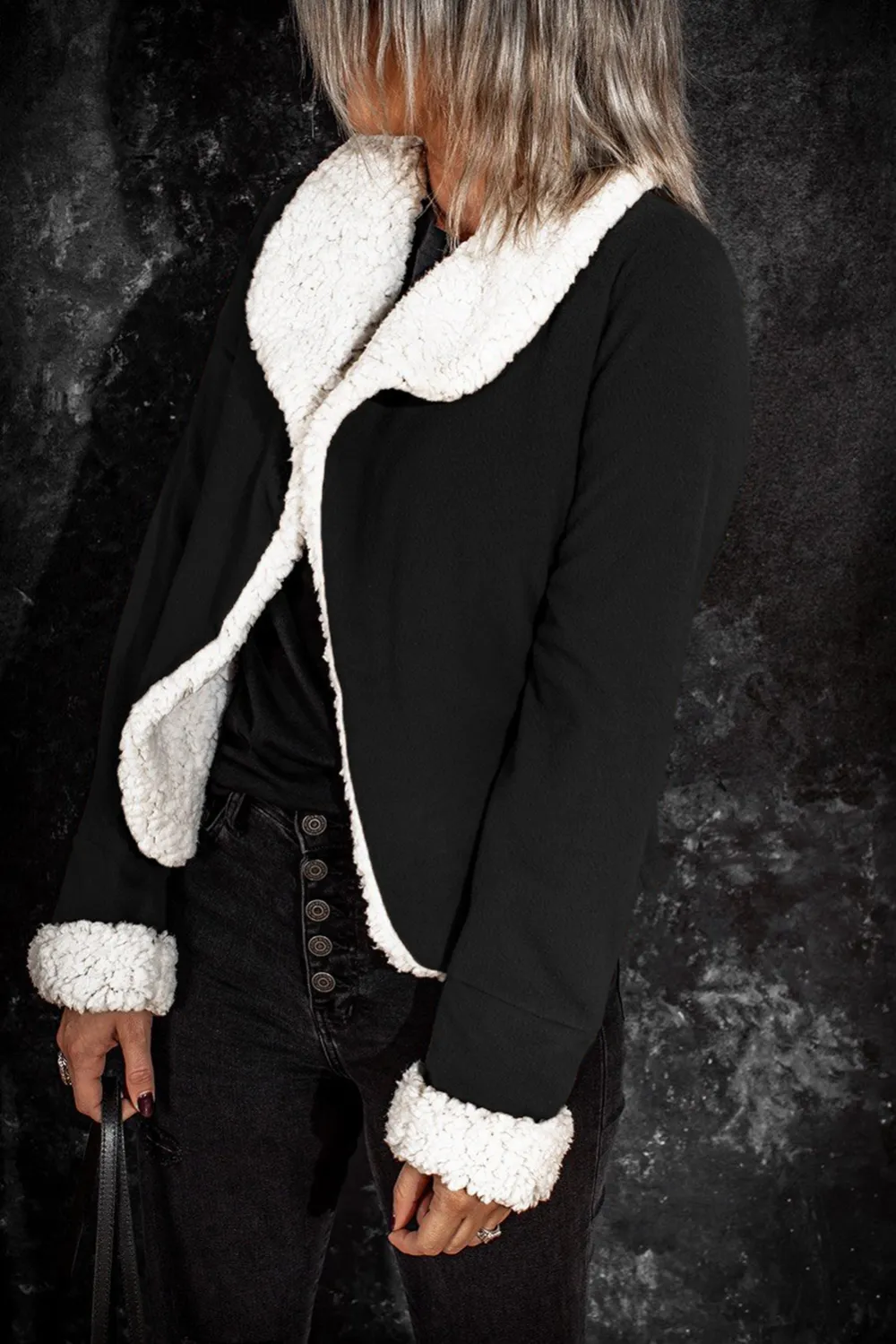 Brown Lapel Collar Fleece Open Front Coat