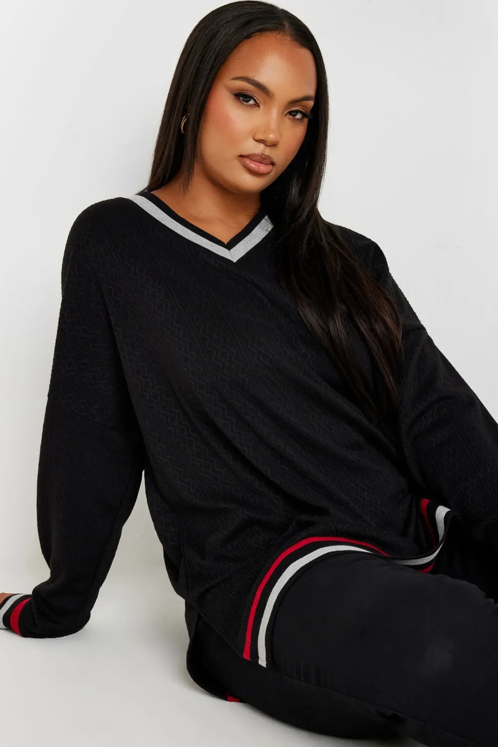 YOURS Curve Black V-Neck Knit Sweatshirt