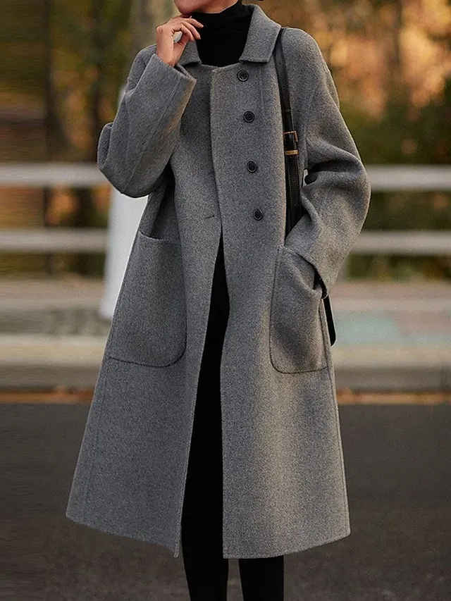 Women's Wool Blend Coat Winter Coat Long Pea Coat Fall Single Breasted Overcoat with Pockets Windproof Warm Trench Coat Casual Jacket Long Sleeve Black Camel Gray