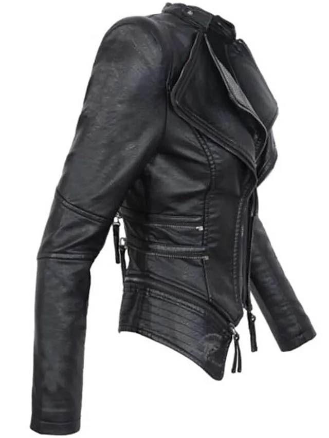 Women's Faux Leather Jacket Waterproof Warm Outdoor Street Daily Going out Zipper Pocket Zipper Turndown Active Fashion Casual Solid Color Regular Fit Outerwear Long Sleeve Fall Winter Black M L XL