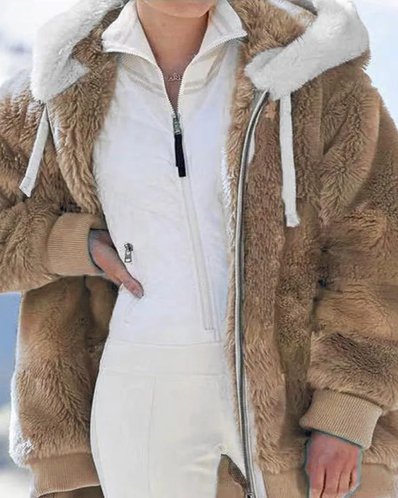 Long Sleeve Fuzzy Hooded Zip Up Teddy Coat