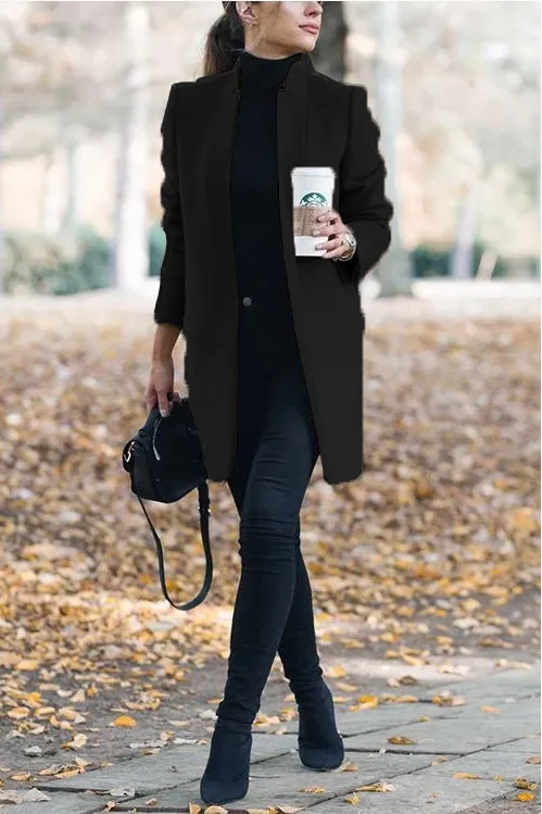 Solid standing collar slim long faux woolen coat