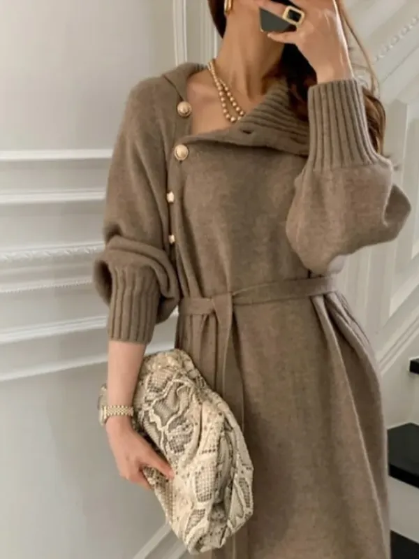 Women's Sweater Dress Jumper Dress Winter Dress Knee Length Dress Knitwear Stylish Mature Pure Color Outdoor Winter Dress Holiday Weekend Turtleneck Long Sleeve Tie Front Button Knit 2023 Loose Fit