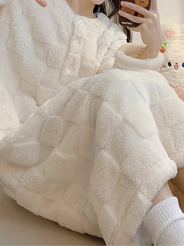 Women's Casual Dress Winter Dress White Dress Midi Dress Button Fleece Home Daily Vacation Fashion Modern Crew Neck Long Sleeve 2023 Loose Fit White Color M L XL 2XL Size