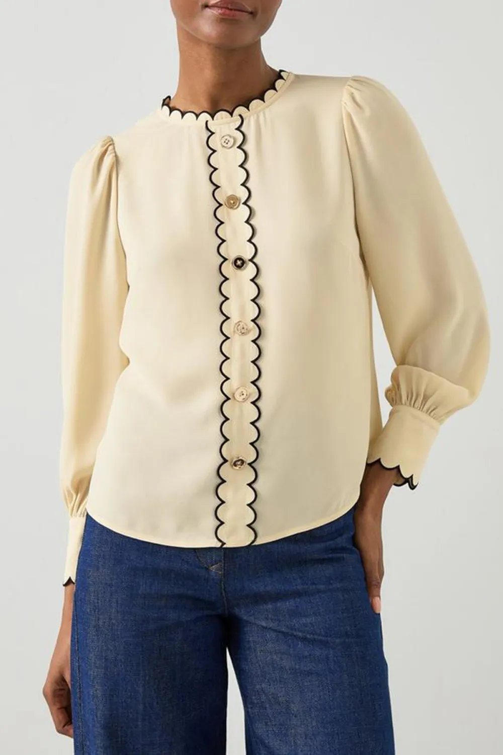 Cream Scallop Trim Long Sleeve Button Up Top