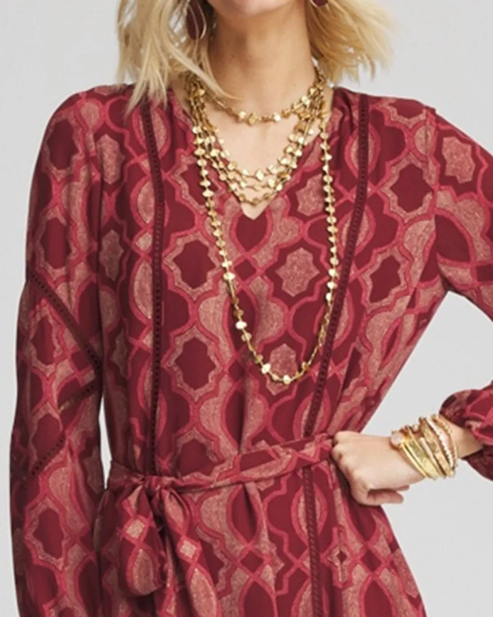 Red Patterned Long Sleeve Tiered Maxi Dress