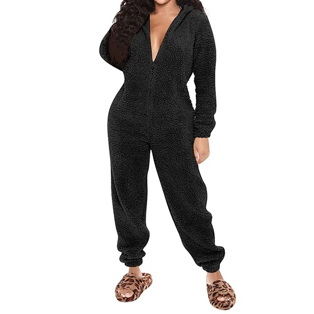 Women‘s Fleece Adult Onesies Onesie Pajamas Fluffy Fuzzy Warm Pajama Pure Color Plush Casual Comfort Home Daily Bed Sherpa Warm Hoodie Long Sleeve Fall Winter Black Pink