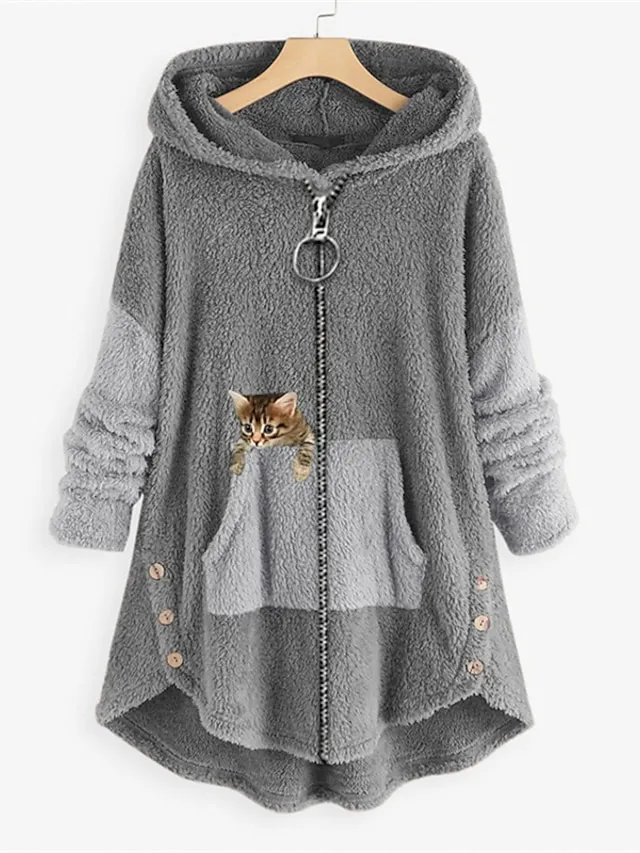 Women's Plus Size Fleece Jacket Teddy Coat Button Pocket Animal Color Block Cat Causal Vacation Long Sleeve Hooded Regular Winter Fall Black Grey Green Black L XL XXL 3XL 4XL