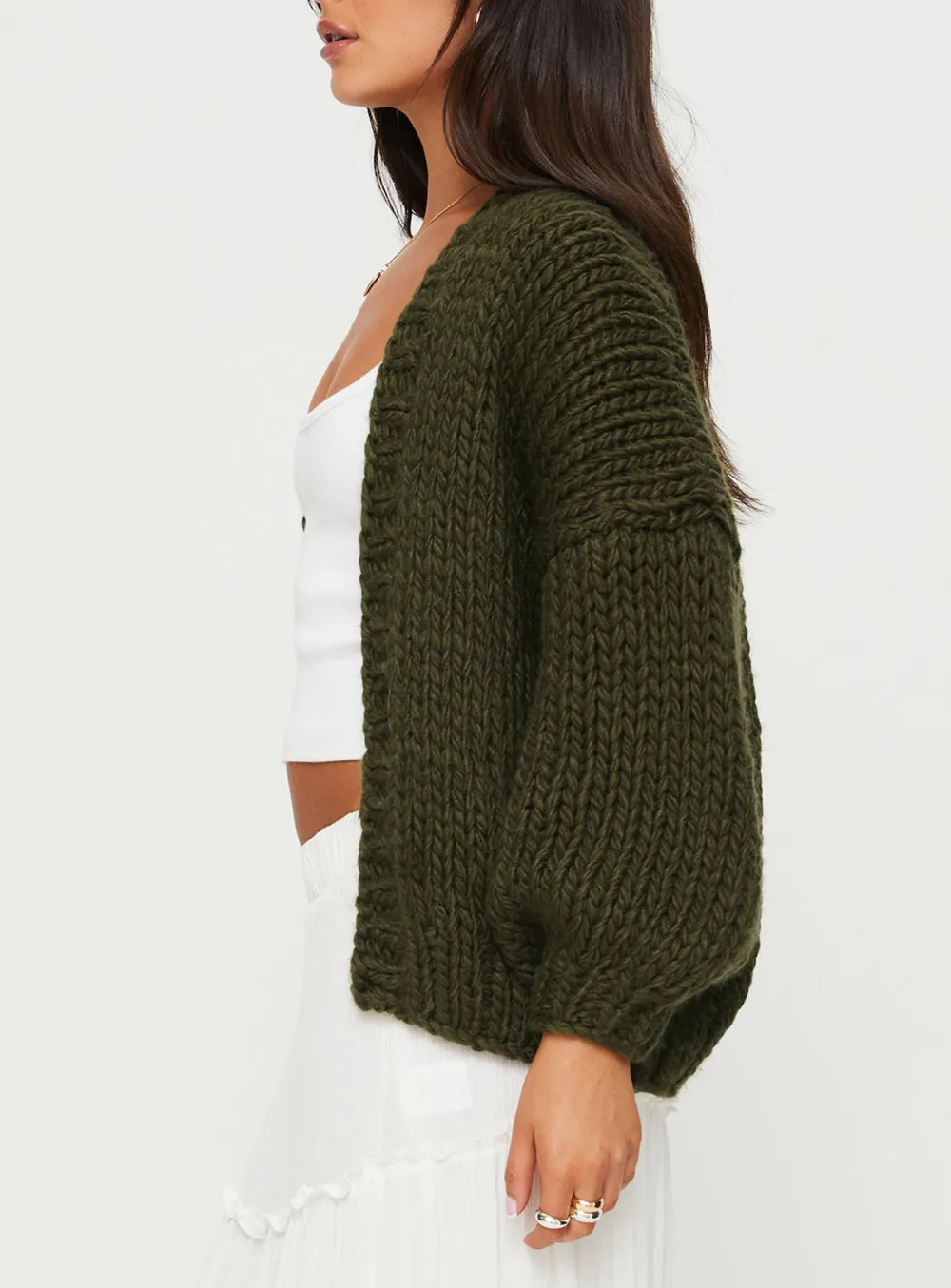 Balloon Sleeves Knit Cardigan Olive