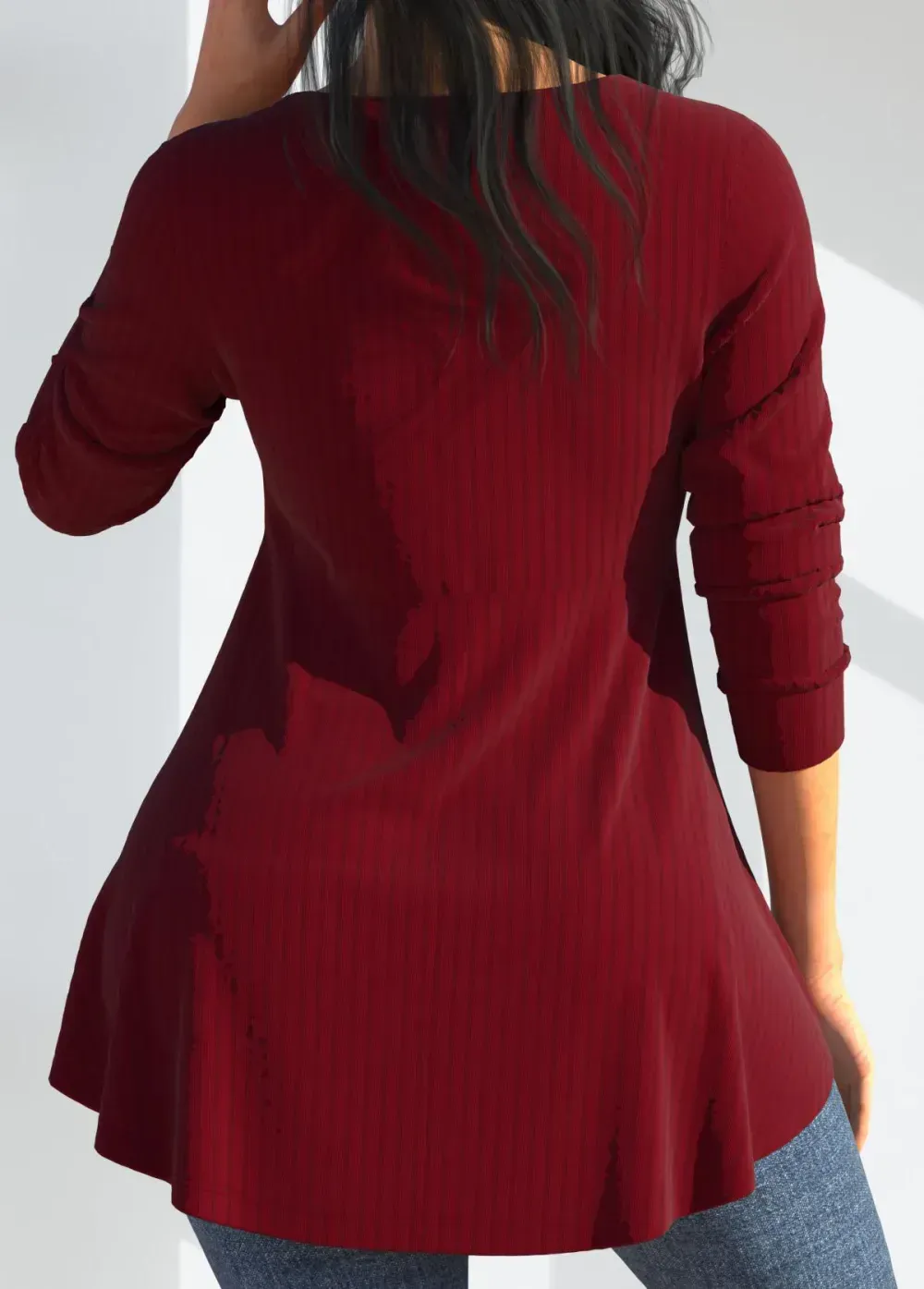 Mesh Stitching Long Sleeve Wine Red T Shirt