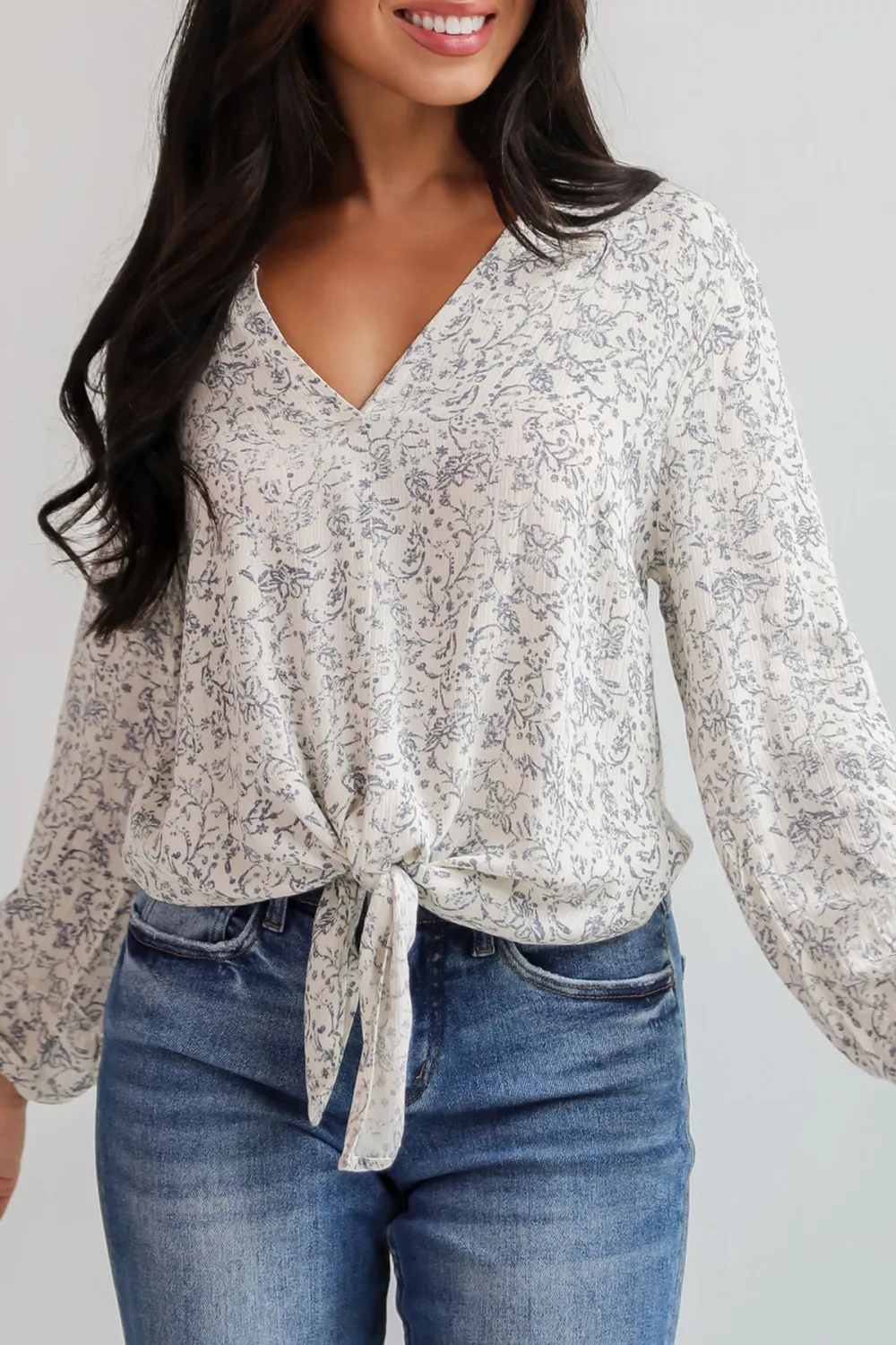 Decadently Sweet Cream Floral Tie-Front Blouse