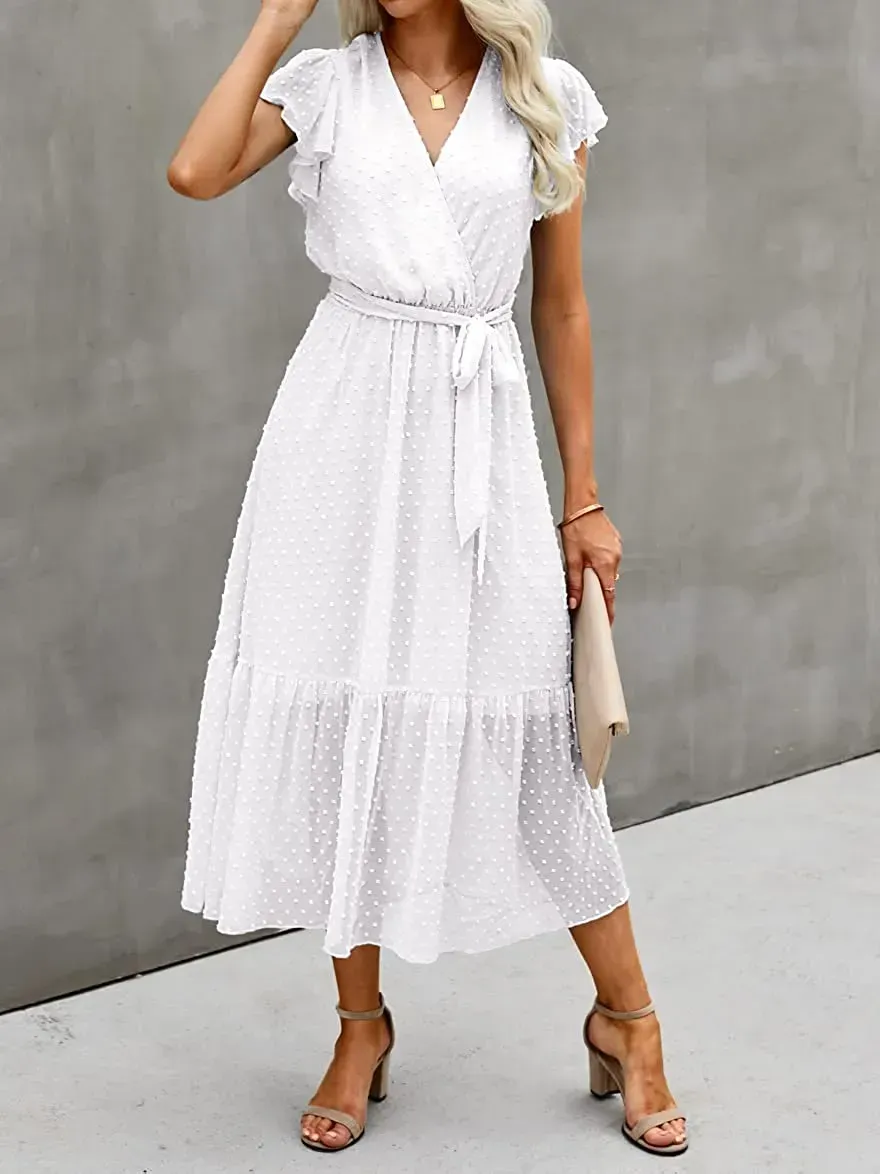 Women Summer Bohemian Floral Casual Wrap V Neck Ruffle Cap Sleeveless Belt A-Line Pleated Hem Swing Midi Sun Dress