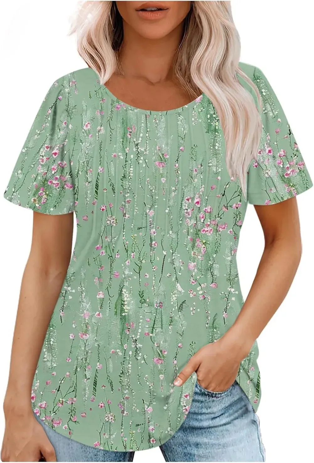 Womens Summer Pleated Front Shirts Tunics Casual Short Sleeved Loose Round Neck Boho Printed Tops Vacation Blouse