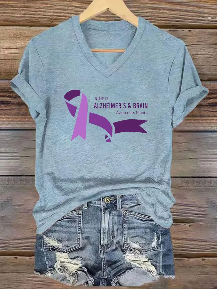 Women's I Will Remember For You Dementia Alzheimer's Disease Awareness Printed V-Neck T-Shirt
