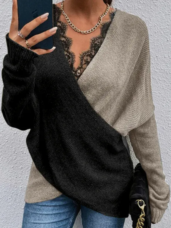 Women's Sweaters Two Color Lace V-Neck Long Sleeve Sweater