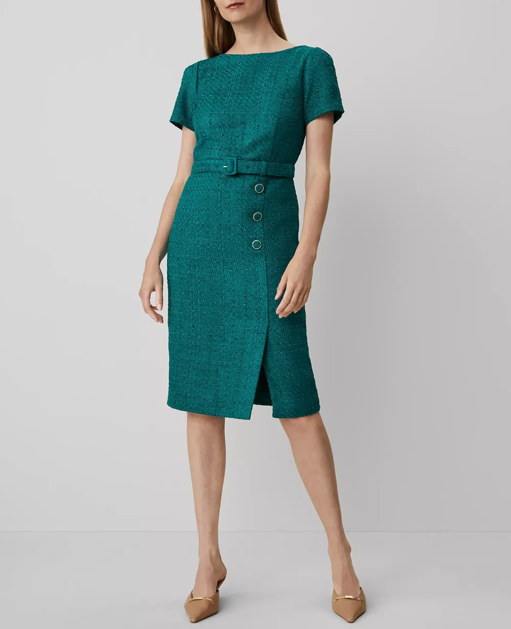Tweed Belted Button Midi Sheath Dress