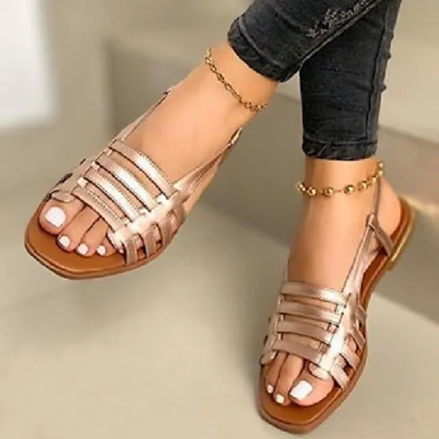 Women's Sandals Gladiator Sandals Roman Sandals Outdoor Daily Beach Summer Flat Heel Open Toe Casual PU Leather Loafer Solid Colored Black White Champagne