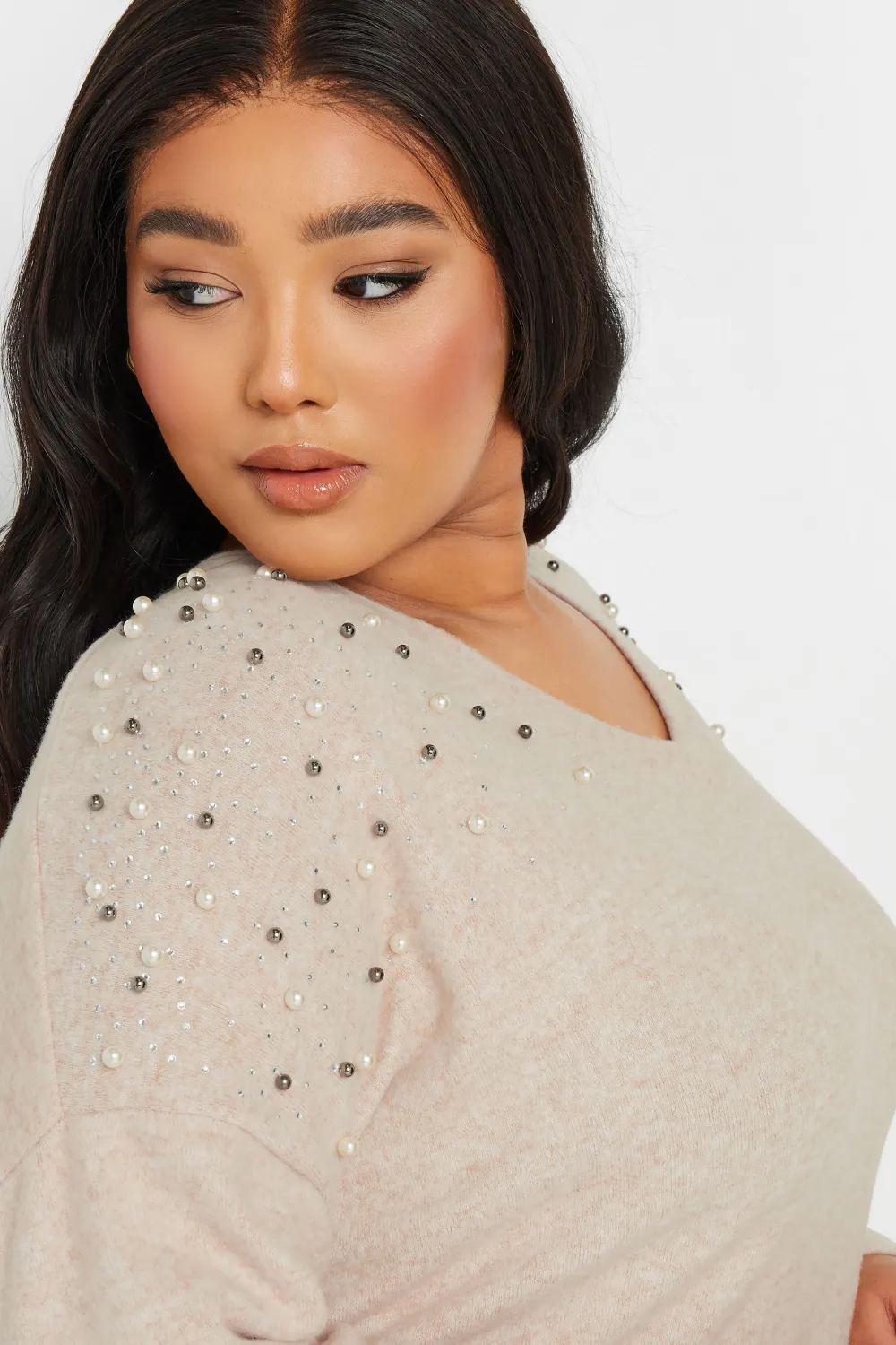 YOURS Curve Natural Brown Pearl Embellished Jumper