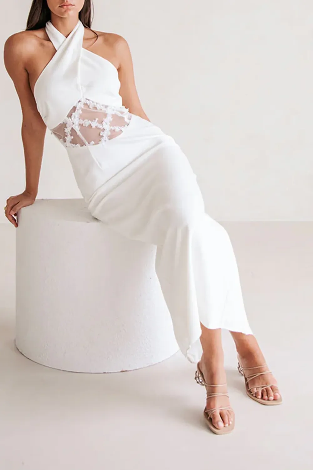 Halter Neck Mesh Insert Midi Dress