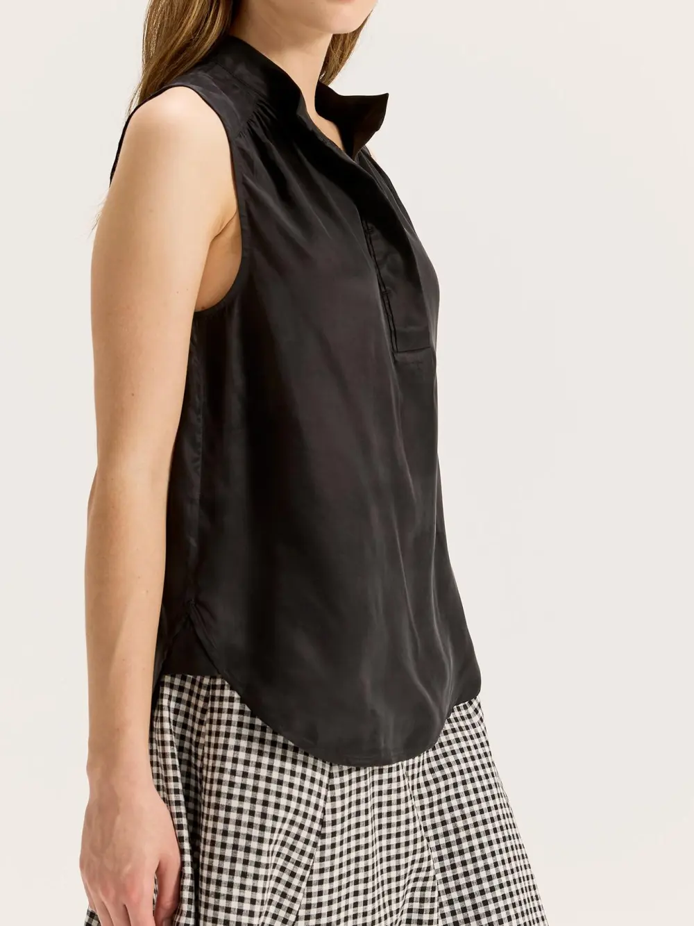 Black High Neck Button Tank Tops