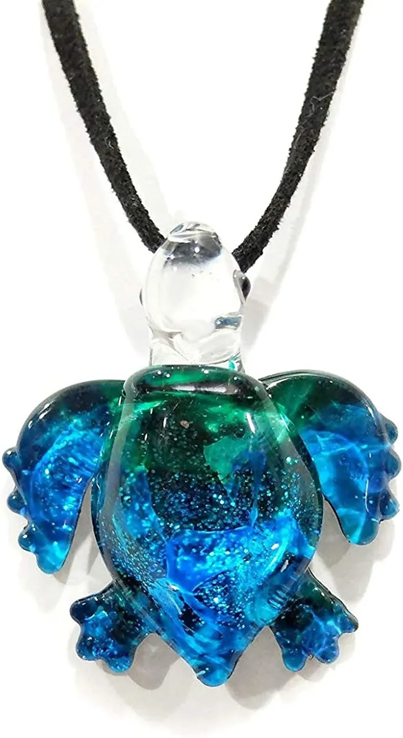 Handmade Ocean Blue Sea Turtle Art Glass Blown Sea Animal Figurine Pendant Necklace Jewelry