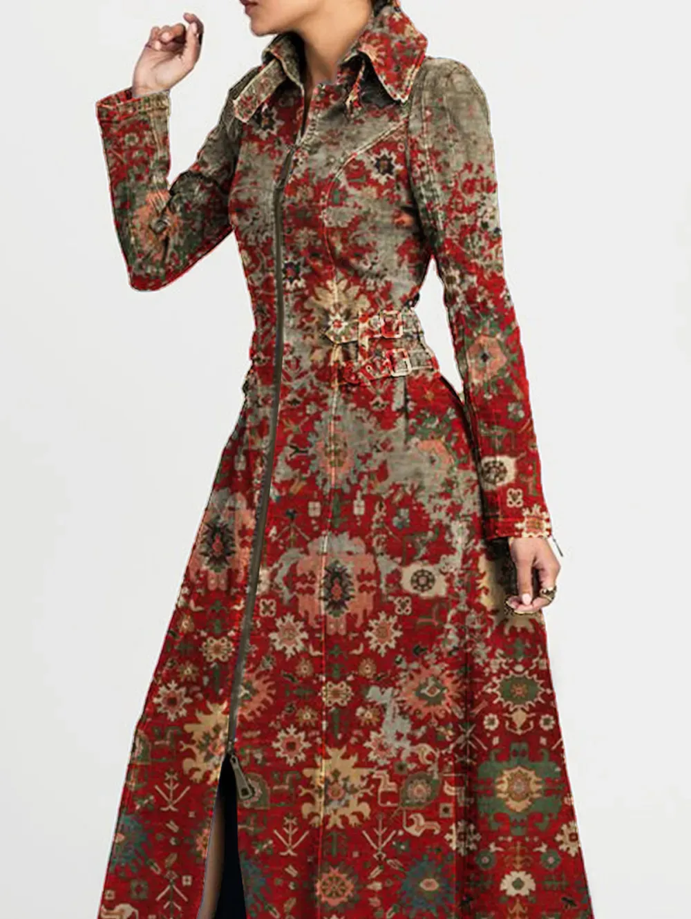 Ursime Turndown Collar Ethnic Pattern Zipper Buckle Maxi Dress