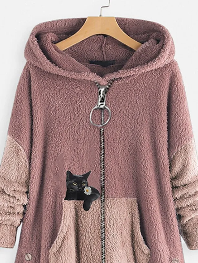 Women's Plus Size Teddy Coat Animal Cat Causal House Long Sleeve V Wire Regular Fall Winter Green Pink Dark Gray L XL XXL 3XL 4XL / Loose Fit