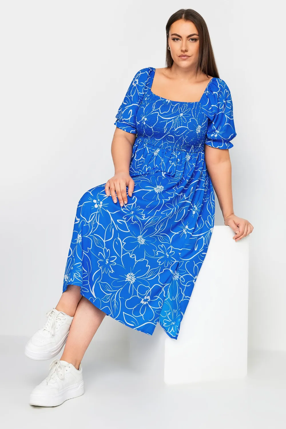 YOURS Curve Blue Floral Print Shirred Midaxi Dress